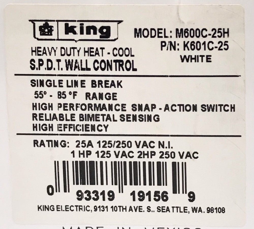 KING K601C 25 Model M600C 25H Heavy Duty Heat Cool Wall Control Fan Speed Switch