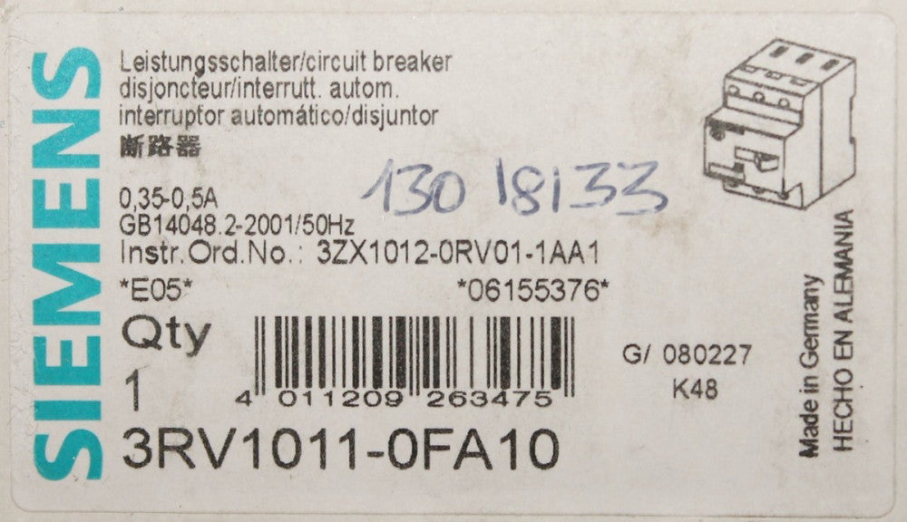 SIEMENS 3RV1011 0FA10 SIRIUS .35-.5 Amp Circuit Breaker Protector
