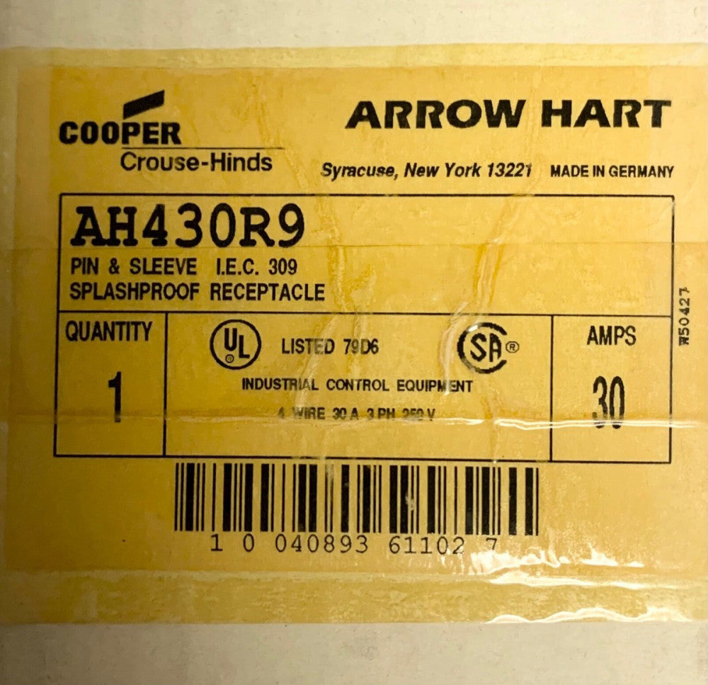 COOPER ARROW HART AH430R9 30 AMP 250 VAC 4 Wire 3 Phase Pin 3 Sleeve Receptacle 
