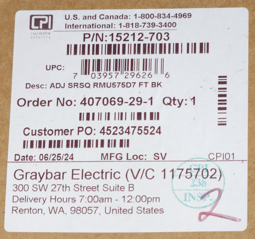 CPI CHATSWORTH PRODUCTS 15212 703 Adjustable Sever Rack SRSQ RMU575D7 7' BLACK