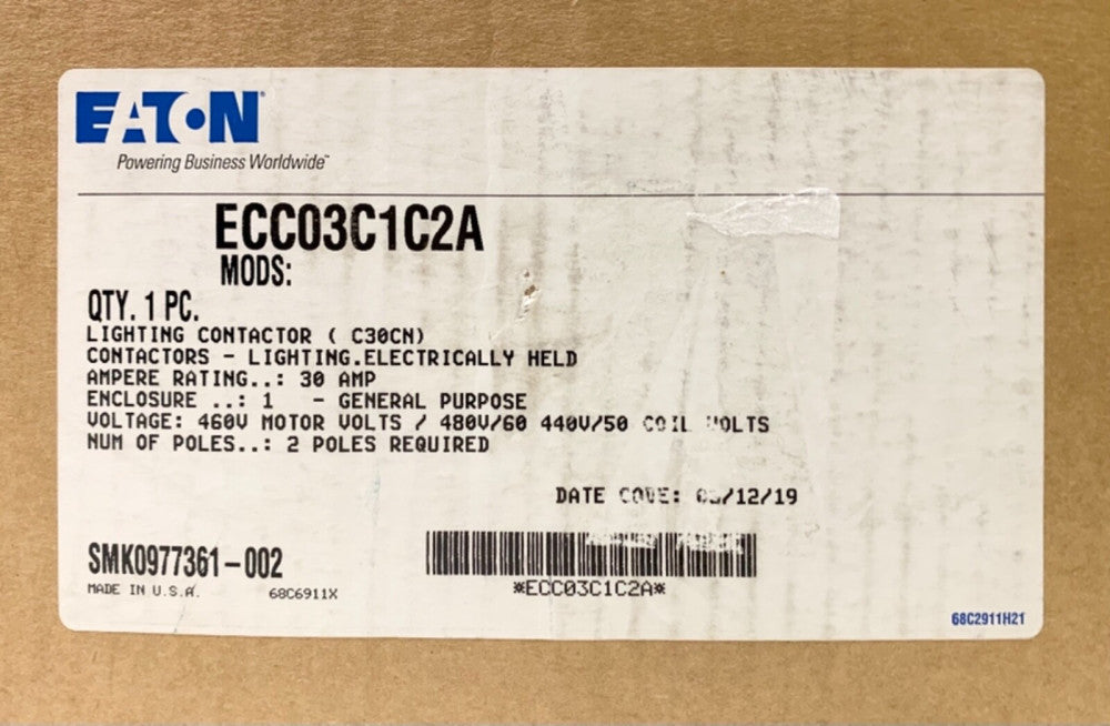 EATON CUTLER HAMMER ECC03C1C2A 460 VAC 30 AMP Lighting Contactor 2 Pole 1 Nema