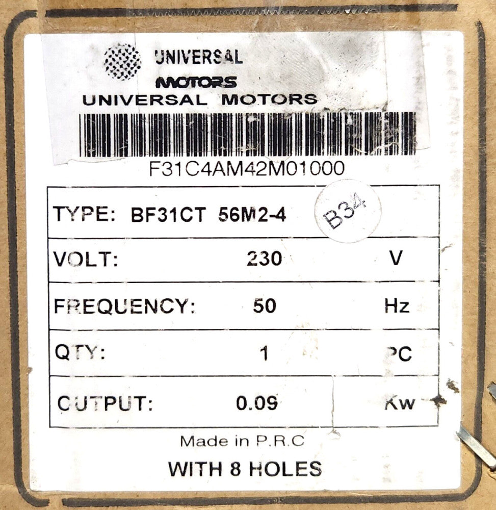 UNIVERSAL MOTORS Type BF31CT 56M2-4 Single Phase 230 VAC 0.09 KW Motor 1390 RPM