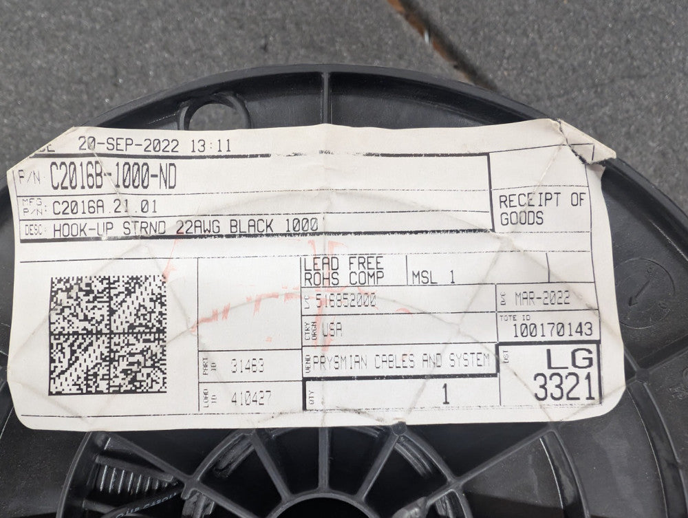 New, Carol Cable, C2016A.21.01, HOOK-UP STRND 22AWG BLACK 1000 FEET