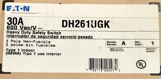 EATON DH261UGK 30 AMP 2 Pole Nema 1 Heavy Duty Safety Switch 600 VAC Indoor