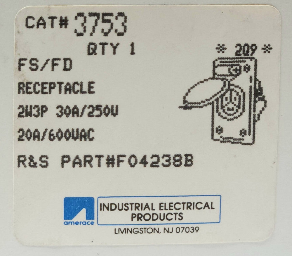 AMERACE RUSSELLSTOLL 3753 FS/FD Receptacle R&S F04238B 30 AMP 250 VAC 2 Wire