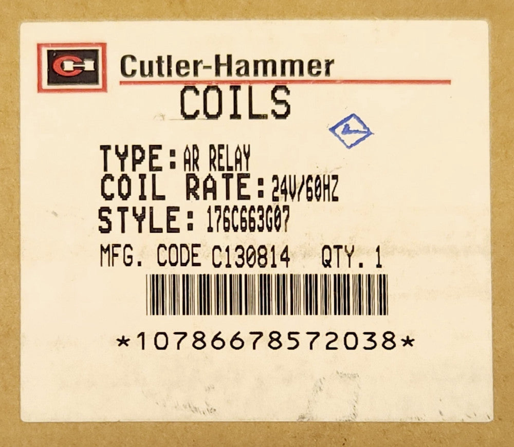 EATON CUTLER HAMMER Type AR Relay COIL 176C66G07 24 Volt