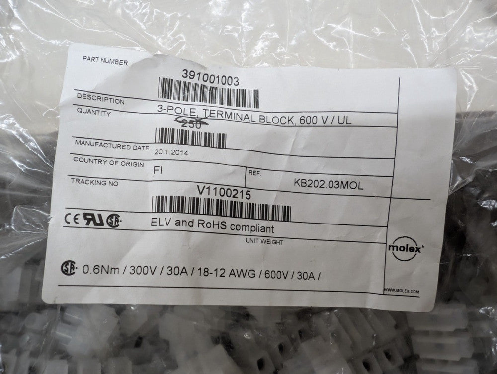 New, Molex, 39100-1003, CONN TERM STRIP 3CIRC 0.394 INCH - Lot of 25pcs