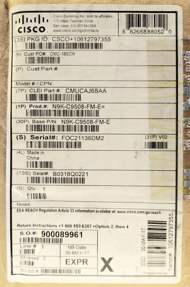 SEALED CISCO CMUCAJ6BAA MODEL CPN N9K C9508 FM E Netus 9500 N9508 Fabric Module
