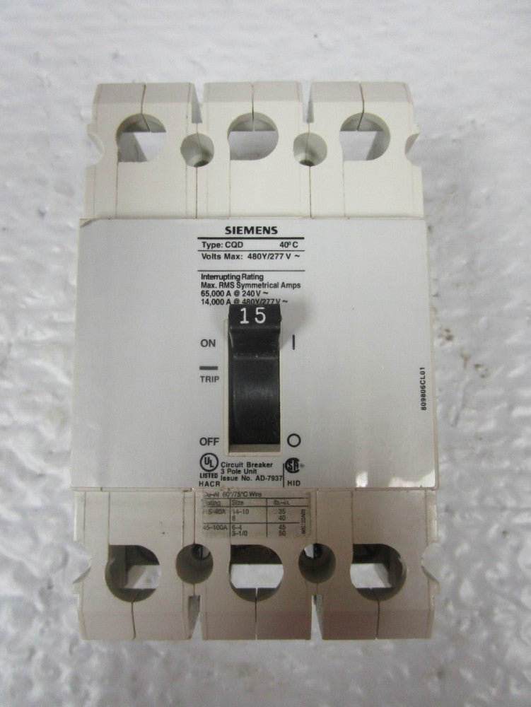 Siemens CQD315 Circuit Breaker 15A A MP 480Y/277Vac 3 POLE