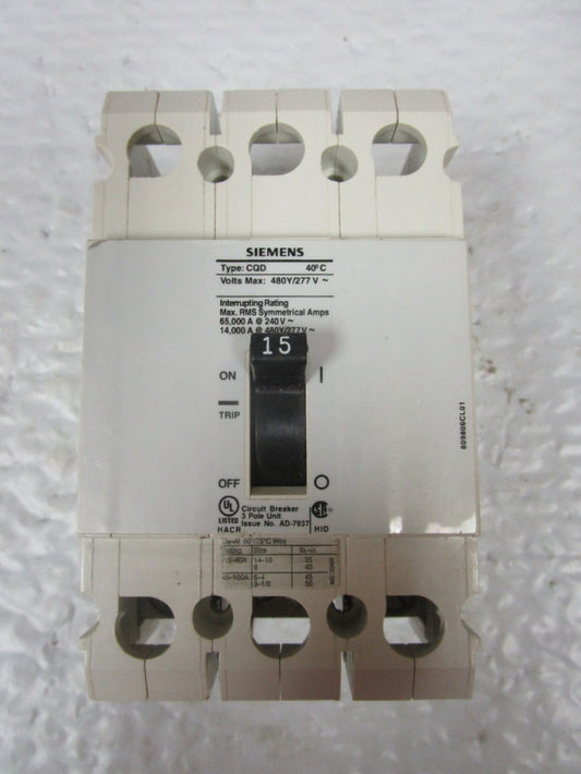 Siemens CQD315 Circuit Breaker 15A A MP 480Y/277Vac 3 POLE