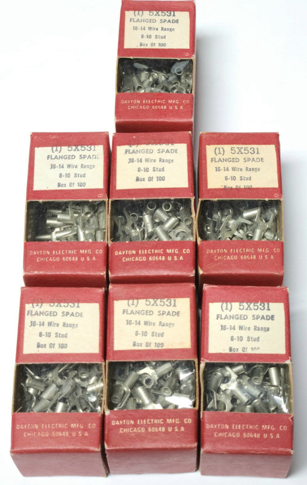 7 BOXES OF 100 DAYTON 5X531 Flanged SPADE FORK Terminal CRIMP ON 16-14 WIRE Rang