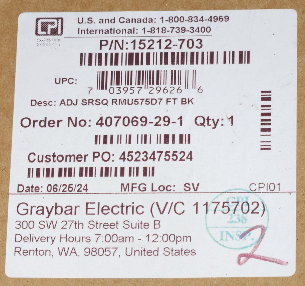 CPI CHATSWORTH PRODUCTS 15212 703 Adjustable Sever Rack SRSQ RMU575D7 7' BLACK