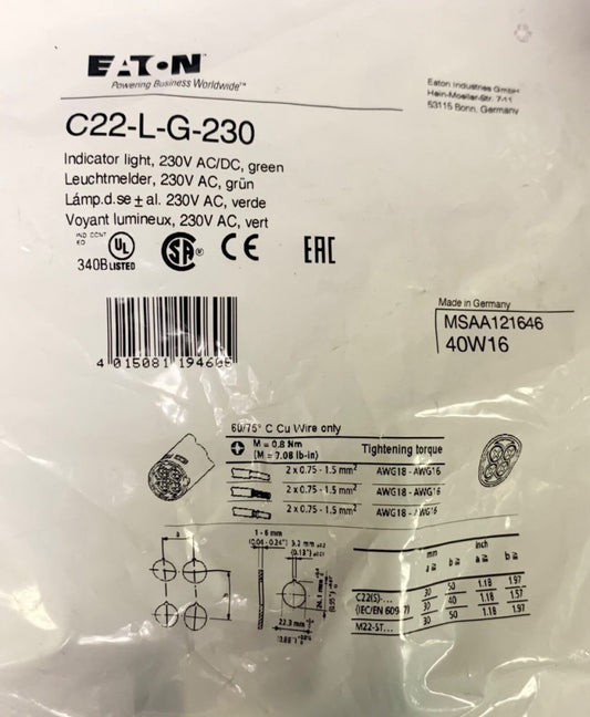 C22 L G 230 Green 230 VAC VDC Indication Light C22-L-G-230 