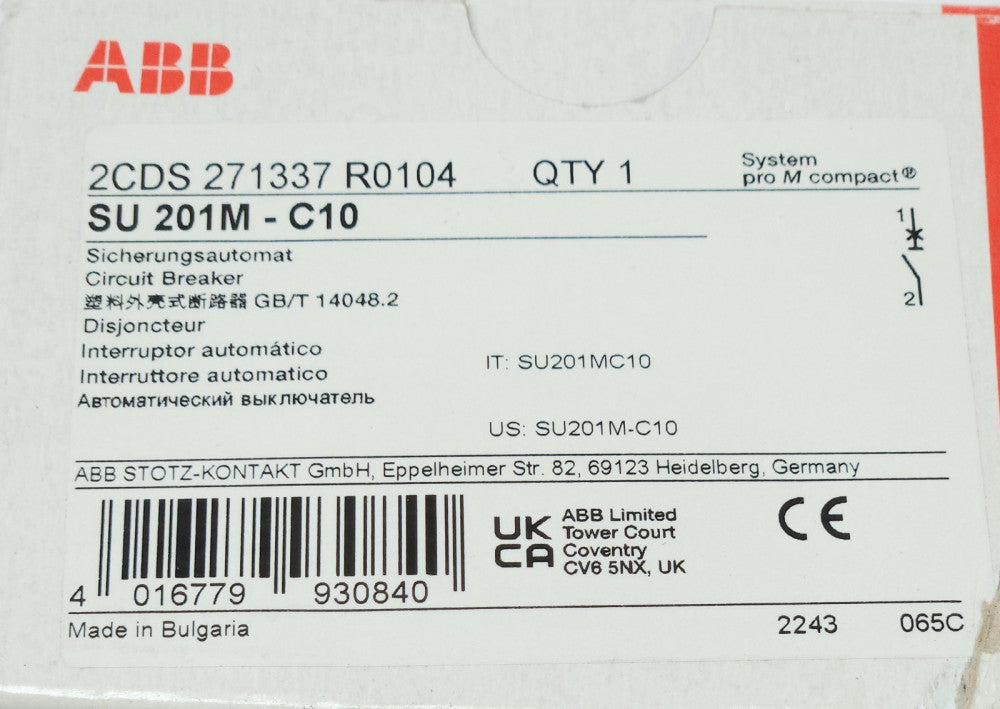 ABB SU 201M C10 Miniature Circuit Breaker 10 AMP 277 V Single Pole
