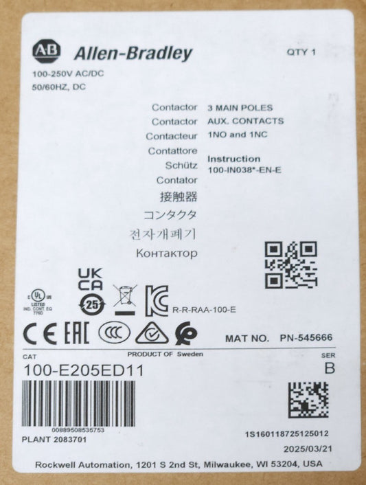 ALLEN BRADLEY 100 E205ED1 3 Pole 275 AMP 100-E205E Contactor 100-250 VDC 60-200