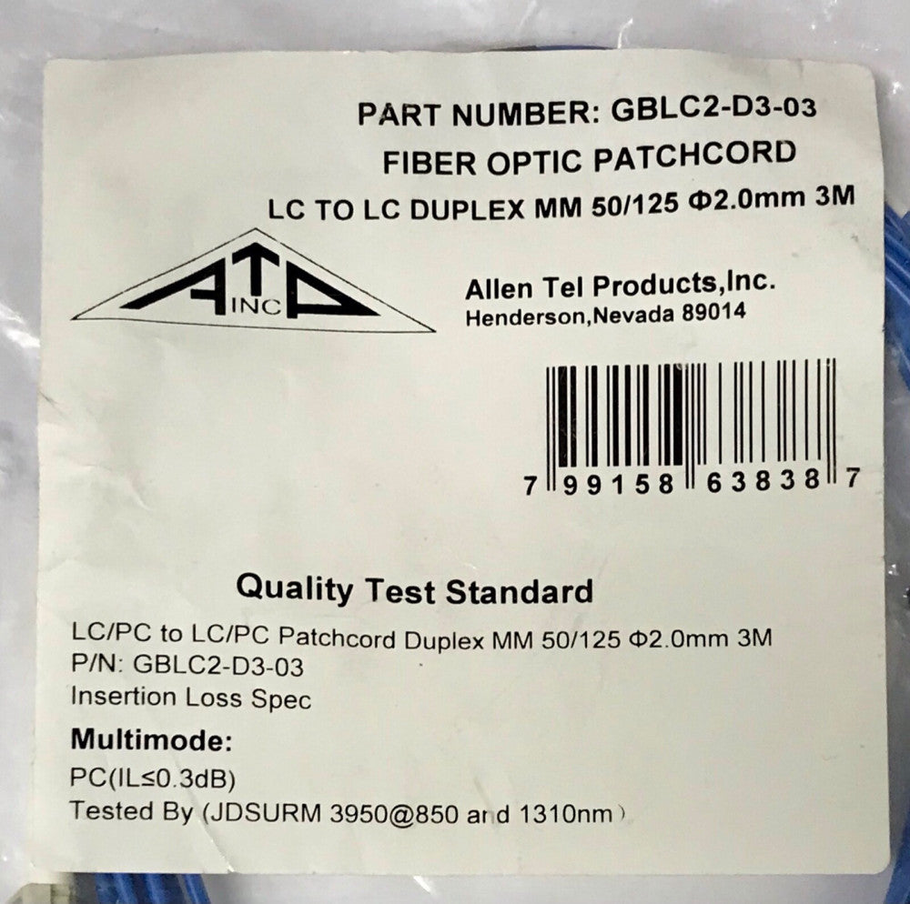 ATP ALLEN TEL PRODUCTS GBLC2 D3 03 Duplex Patchcord Fiber Optic 3m