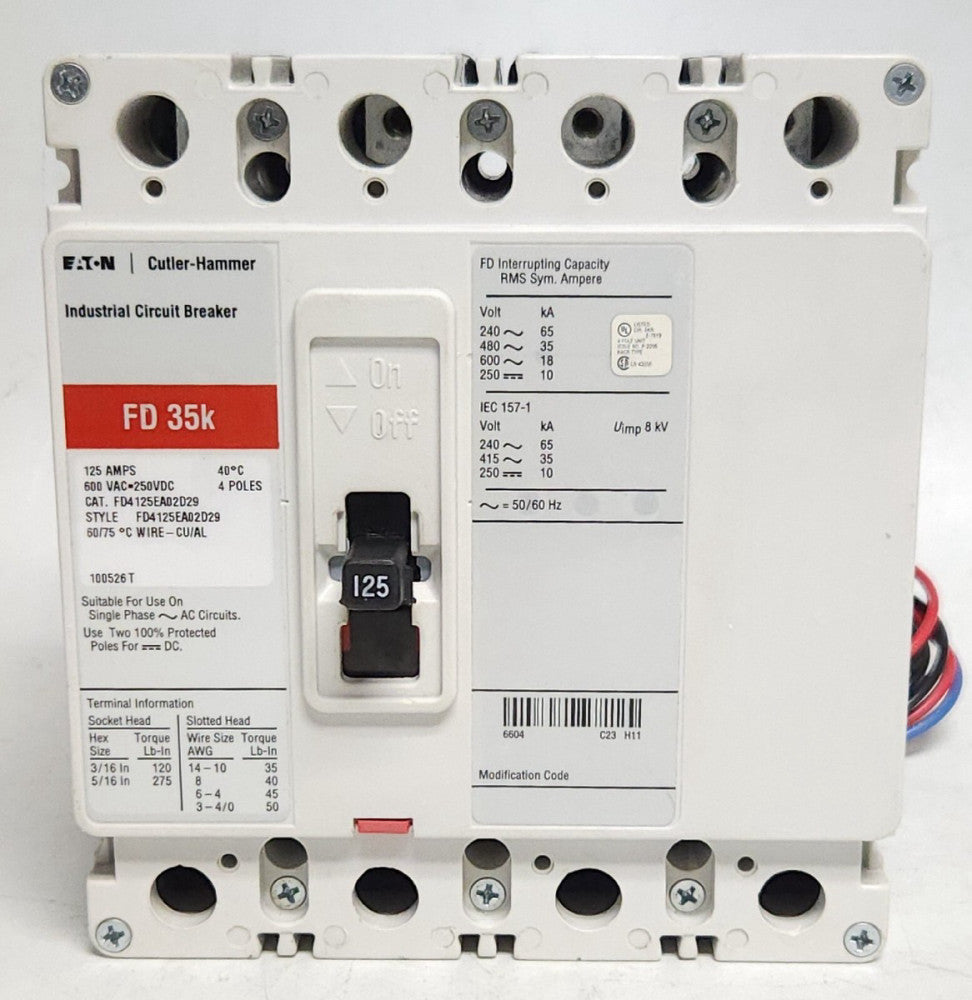 EATON CUTLER HAMMER FD412EA02D29 4 Pole 125AMP FD Breaker FD4125 1A 1B Auxiliary
