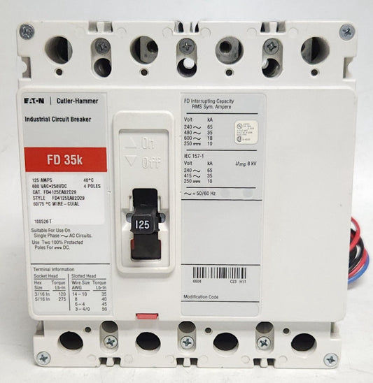 EATON CUTLER HAMMER FD412EA02D29 4 Pole 125AMP FD Breaker FD4125 1A 1B Auxiliary