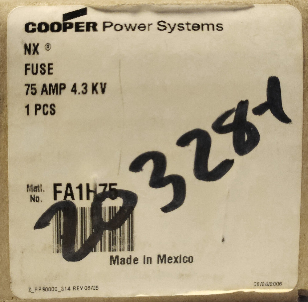 SEALED COOPER POWER FA1H75 Type NX Fuse 75 AMP 4.3 KV