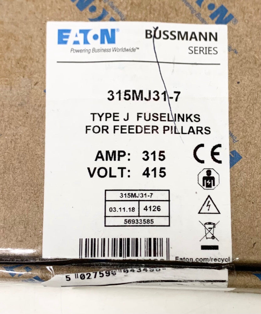 EATON BUSSMANN 315MJ31-7 Feeder Pillar Type J Fuse Links 315 AMP 415 VAC