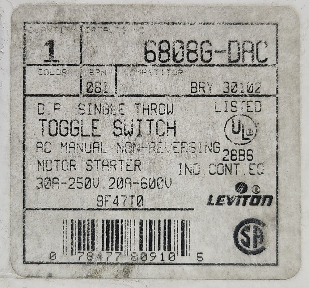 LEVITON 6808G-DAC Single Throw Toggle Switch Motor Starter 30 AMP 250 VAC 20 AMP