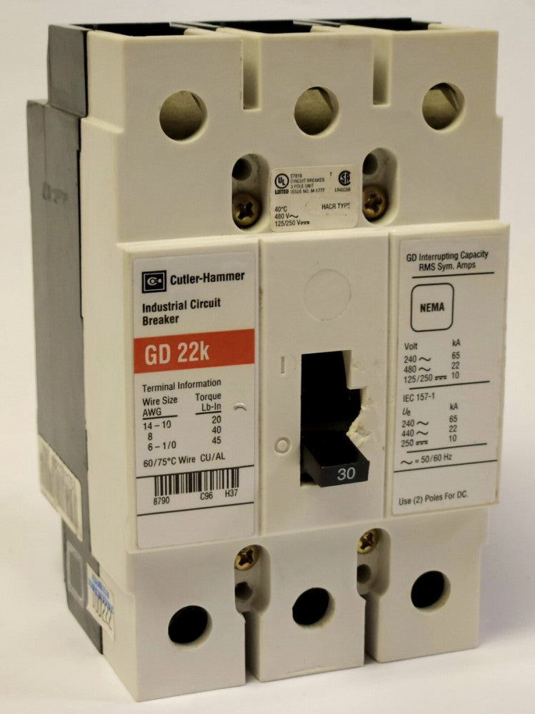 EATON CUTLER HAMMER GD3030 3 Pole 30 AMP Type GD 22K Circuit Breaker HACR Type