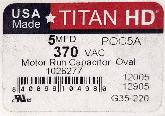 TITAN HD POC5A Motor Run Capacitor Oval 370 VAC 5 MFD