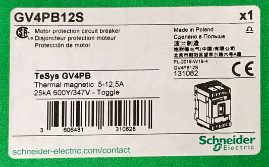 SCHNEIDER ELECTRIC GV1PB12S TESYS GV4PB 5-12 AMP Motor Protective 25KA 600Y 347V