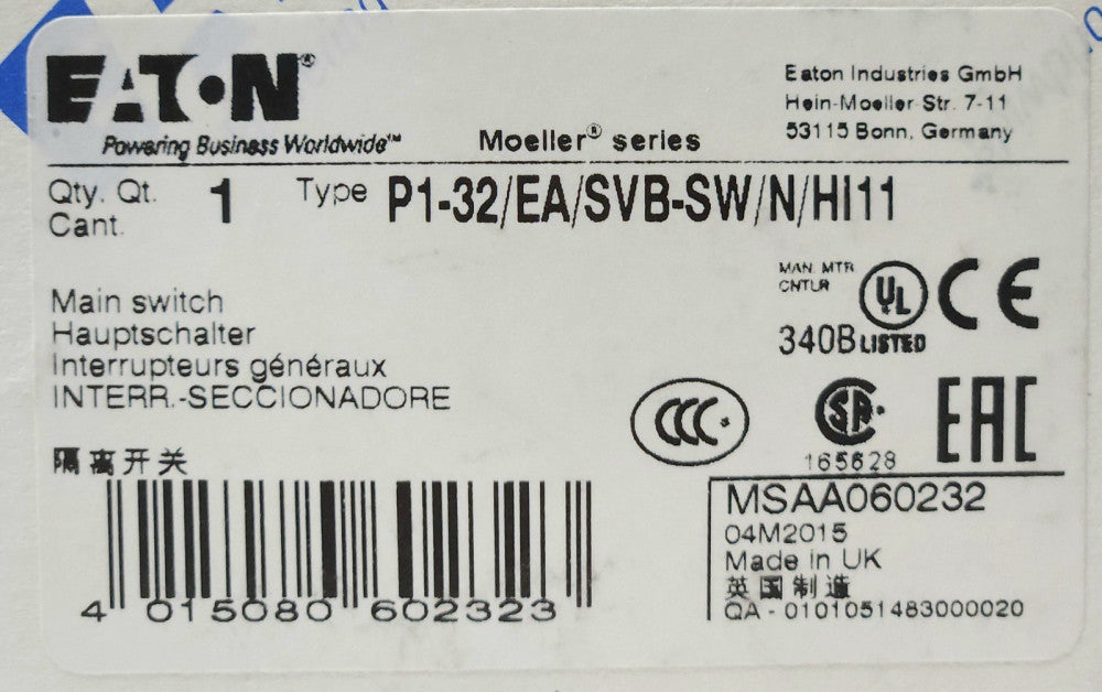 EATON MOELLER P1-32 EA SVB-SW N HI11 BLACK Rotary Disconnect Isolation Main Swit