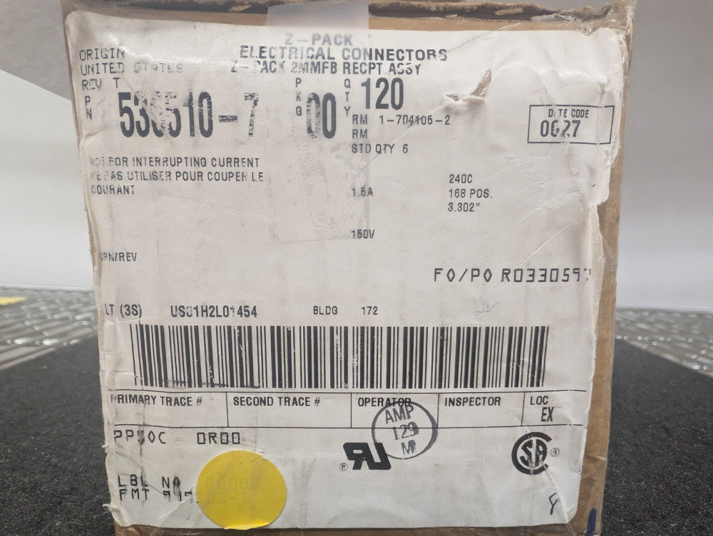 New, AMP/Tyco, 536510-7, 168 POSITION 4 ROW Z-PACK RECEPTACLES 2mm - Lot of 6