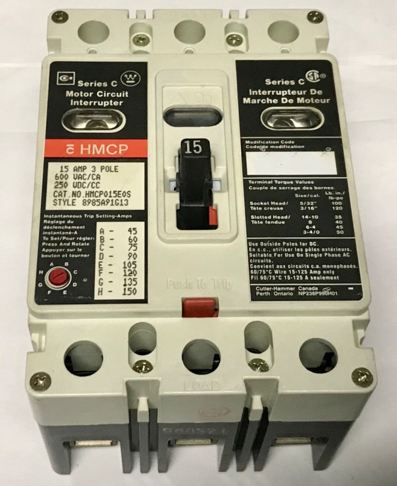 CUTLER HAMMER WESTINGHOUSE HMCP015E0S 15 AMP HMCP Visa View Motor Circuit 