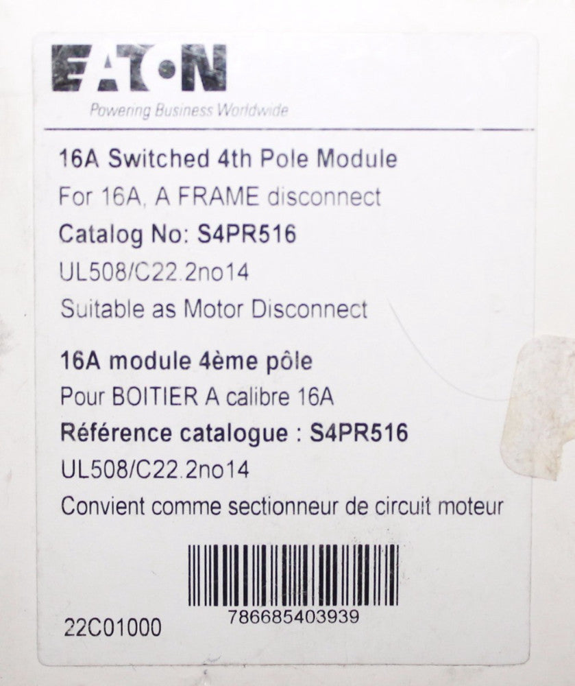 EATON CUTLER HAMMER S4PR516 Load Break Switch 16 AMP 4th Pole Adder