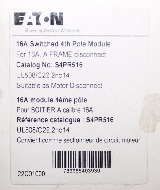 EATON CUTLER HAMMER S4PR516 Load Break Switch 16 AMP 4th Pole Adder