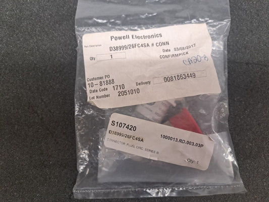 New, Amphenol, D38999/26FC4SA, Circular MIL Spec Connector 4P ST PLUG SZ 13