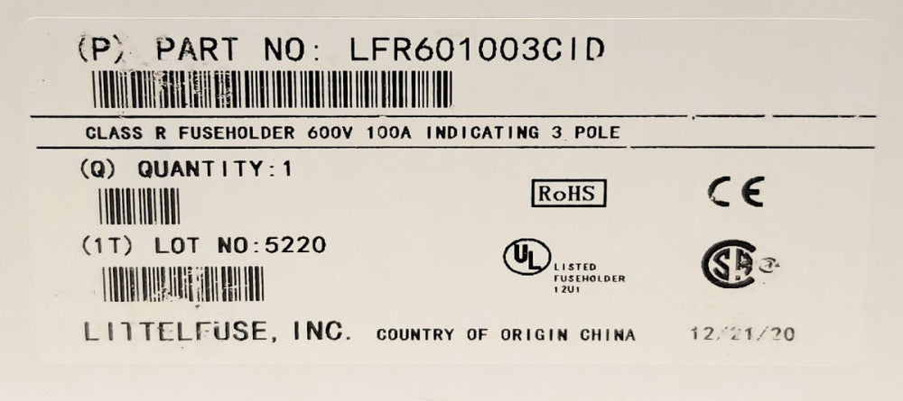 LITTELFUSE LFR601003CID 3 Pole 100 AMP 600 VAC Indicating Fuse Holder