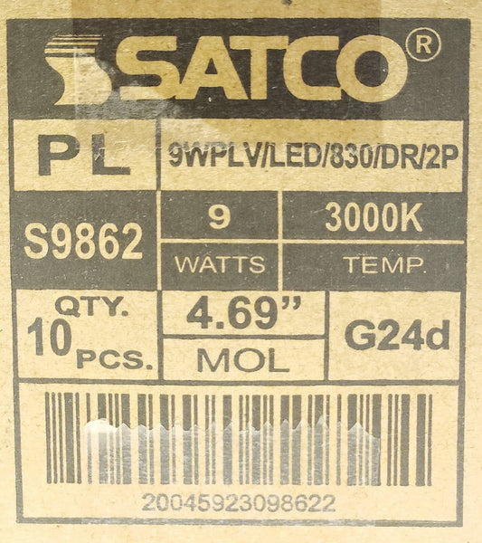 BOX OF 10 SATCO 9WPLV LED 830 DR 2P S9862 9 Watt LED 3000K G24D 4.69" PLV