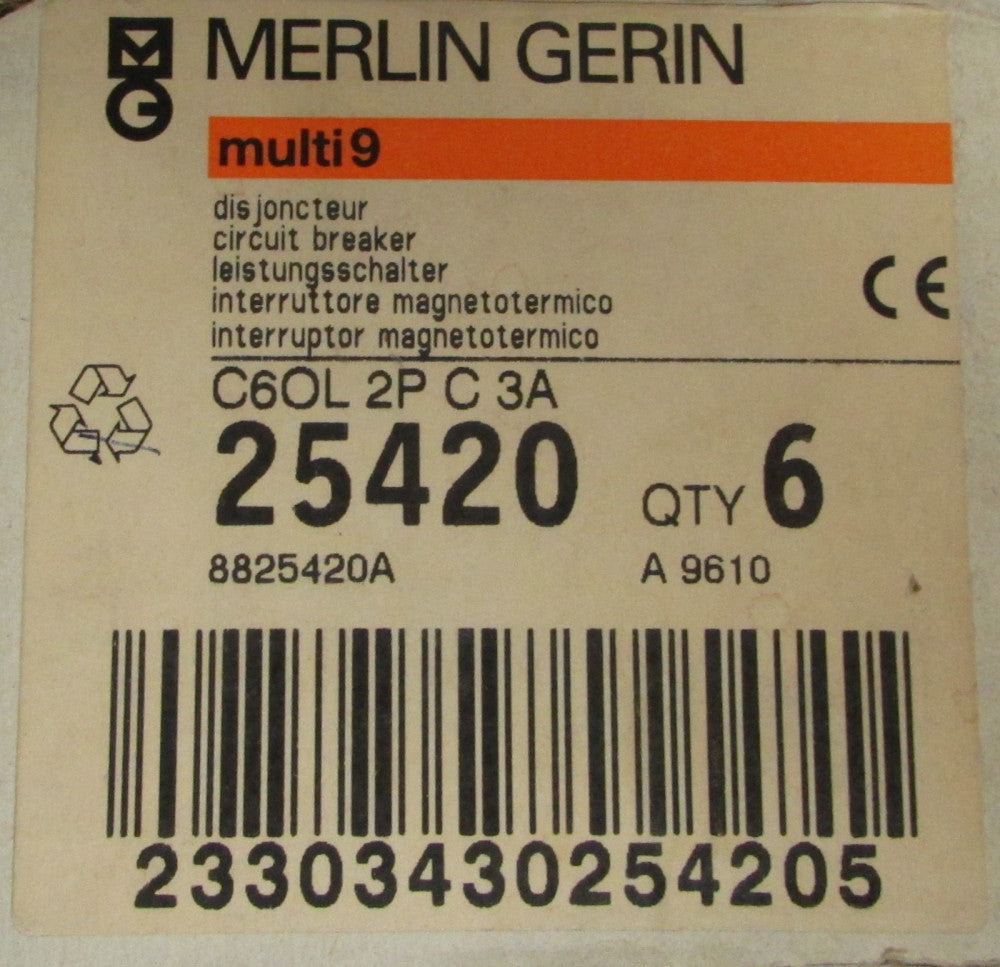 MERLIN GERIN C6OL 2P C 3A 2 Pole 3 Amp Multi9 C 3A Breaker 25420