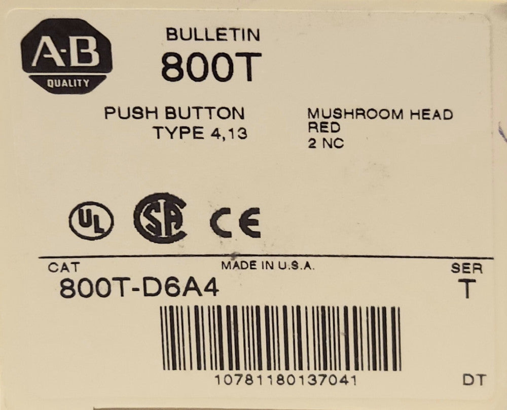 ALLEN BRADLEY 800T D6A4 RED Mushroom Head Momentary Pushbutton 2NC Contact Block