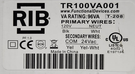 RIB TR100VA001 Control Transformer 96 VA 120 VAC Primary 24 VAC Secondary