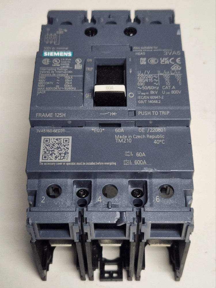 SIEMENS 3VA5160 6ED31 0AA0 3 Pole 60 AMP 3VA5 Frame 125H