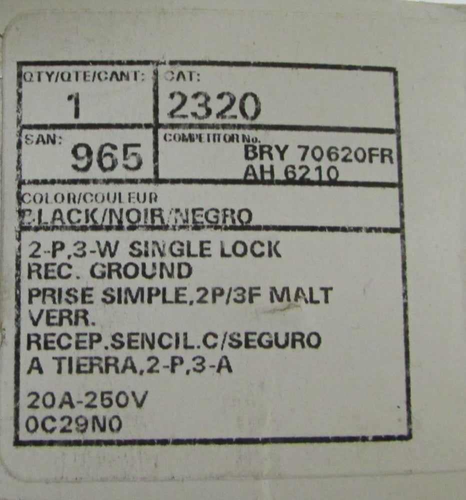 LEVITON 2320 965 BRY 70620FR AH 6210 2 Pole Black 20 Amp Receptacle