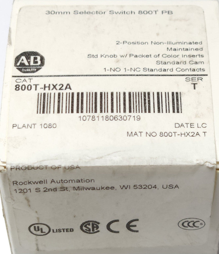 ALLEN BRADLEY 800T HX2A 2 Position Color Coded Non Illuminated Selector Switch