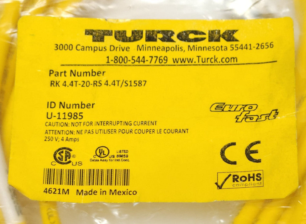 TURCK RK 4.4T 20 RS 4.4T S1587 Euro Fast Double Ended Cordset 4 Pin Male 5 Pin