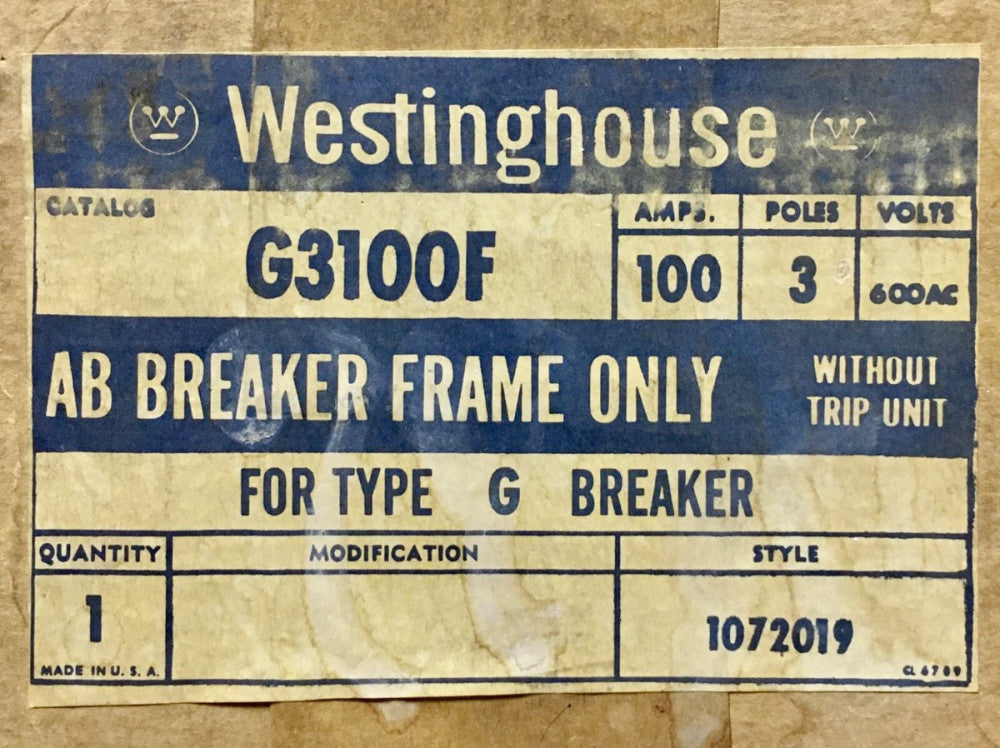 WESTINGHOUSE G3100F 3 Pole 100 AMP Type G Circuit Breaker Frame