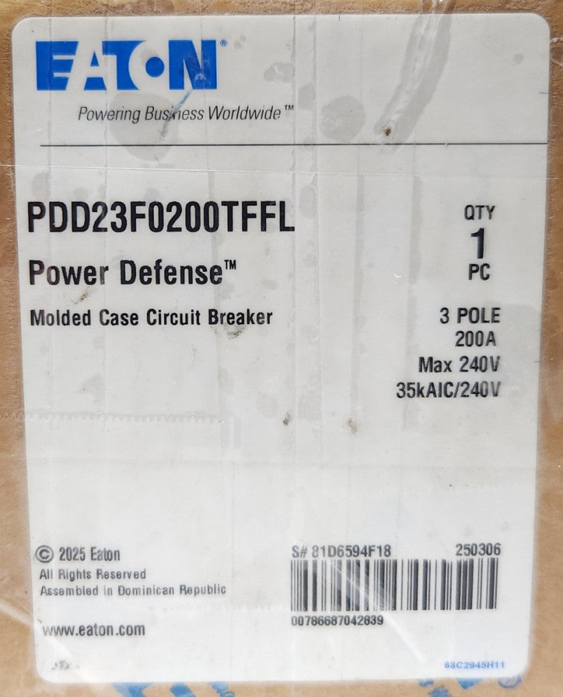 EATON PDD23F0200TFFL 3 Pole 200 AMP PDD2 POWER DEFENSE Circuit Breaker 240 VAC