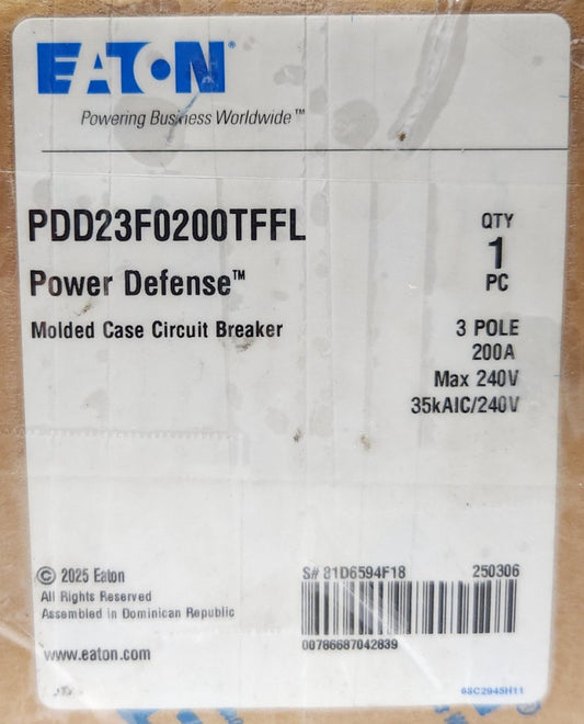 EATON PDD23F0200TFFL 3 Pole 200 AMP PDD2 POWER DEFENSE Circuit Breaker 240 VAC