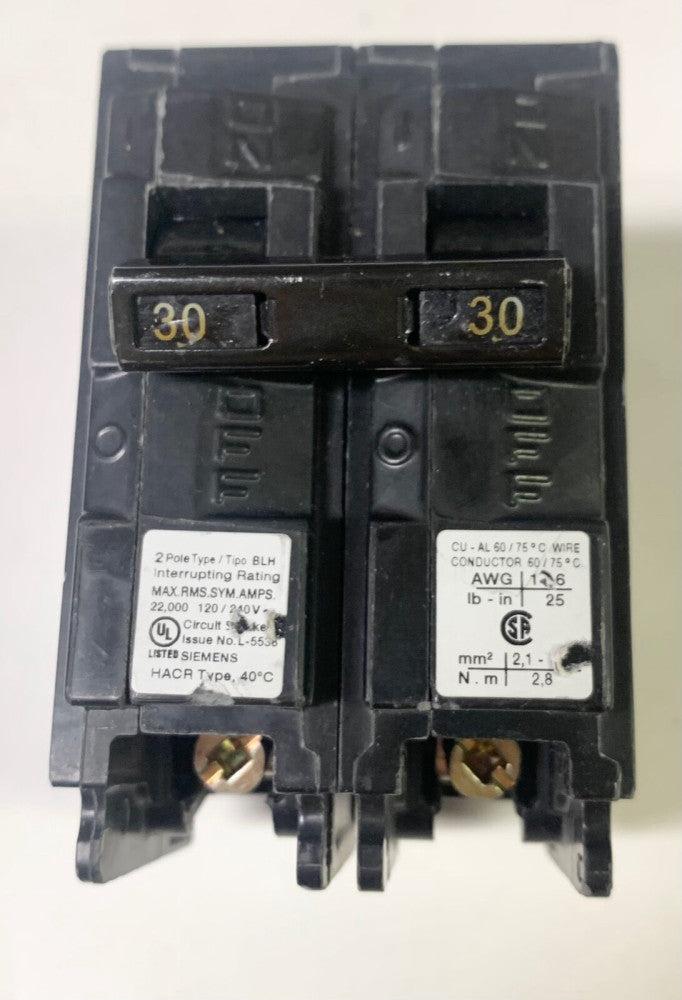 SIEMENS B230HF 2 Pole 30 AMP Type BLH Circuit Breaker Bolt In