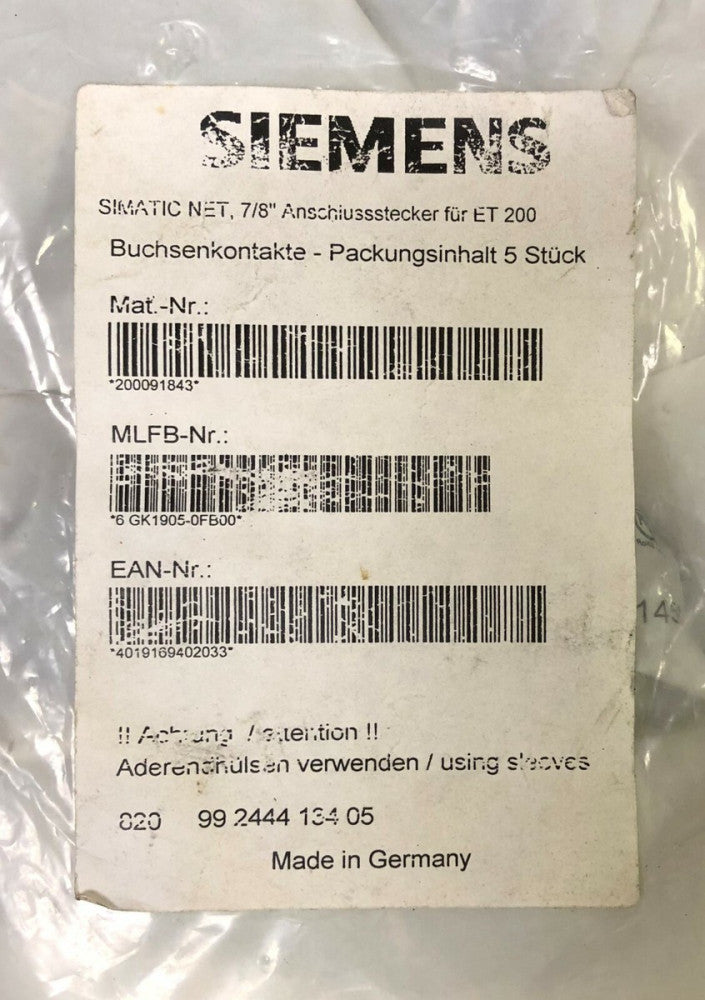 SIEMENS 820 99 2444 134 05 SIMATIC NET 7/8" ET 200 5 PIN Connector