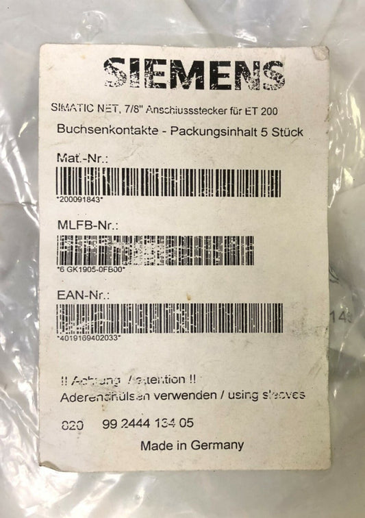 SIEMENS 820 99 2444 134 05 SIMATIC NET 7/8" ET 200 5 PIN Connector