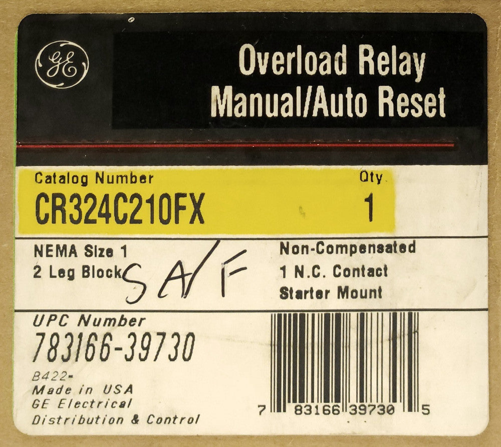 GENERAL ELECTRIC CR324C210FX Size 1 Overload Relay Manual Auto Reset Starter